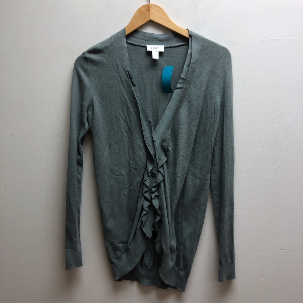 LOFT Green Ruffled Button-Front Cardigan - Picture 4 of 9